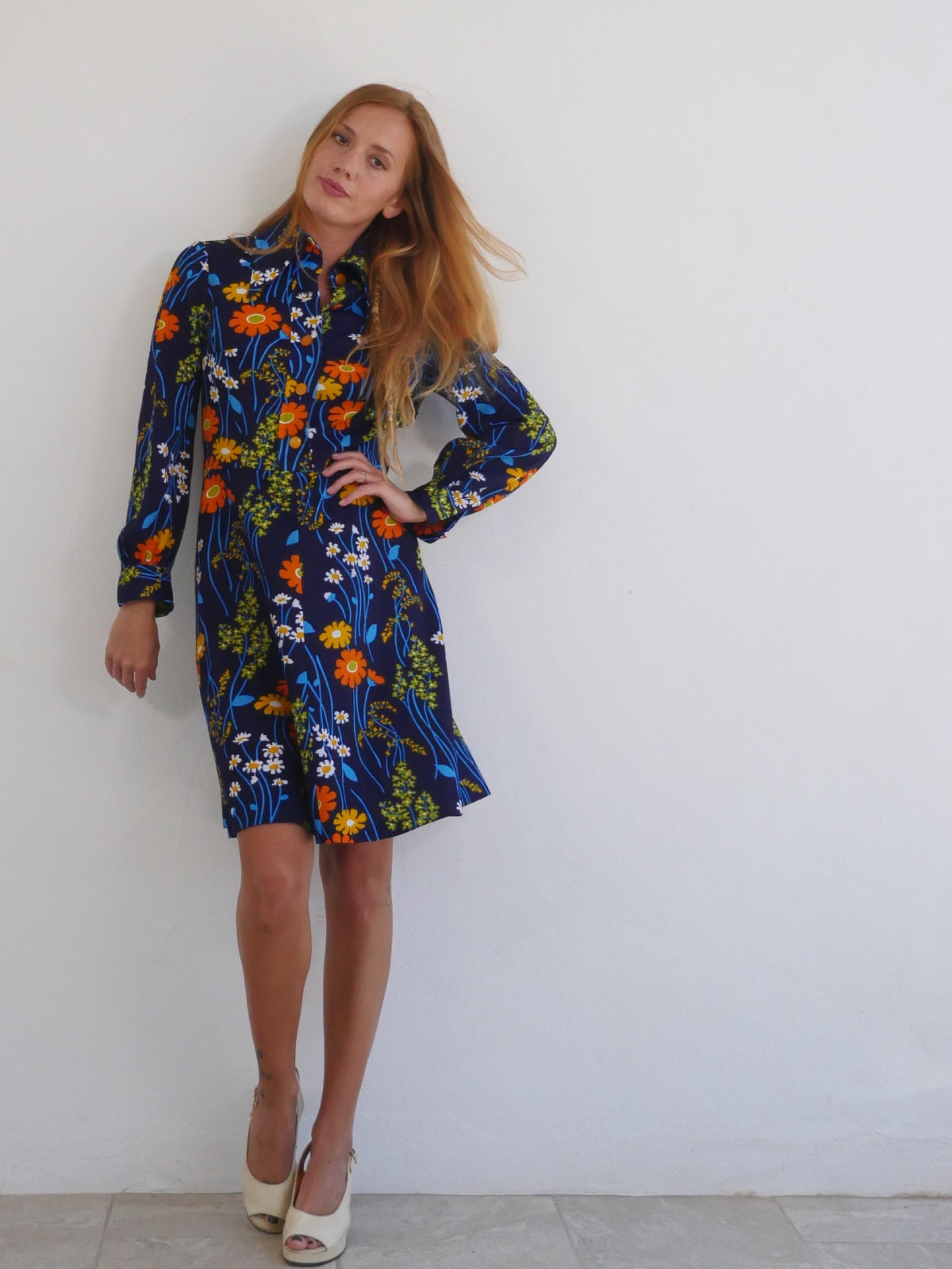 70s Vintage Dark Blue Dress with Bright Flower Print