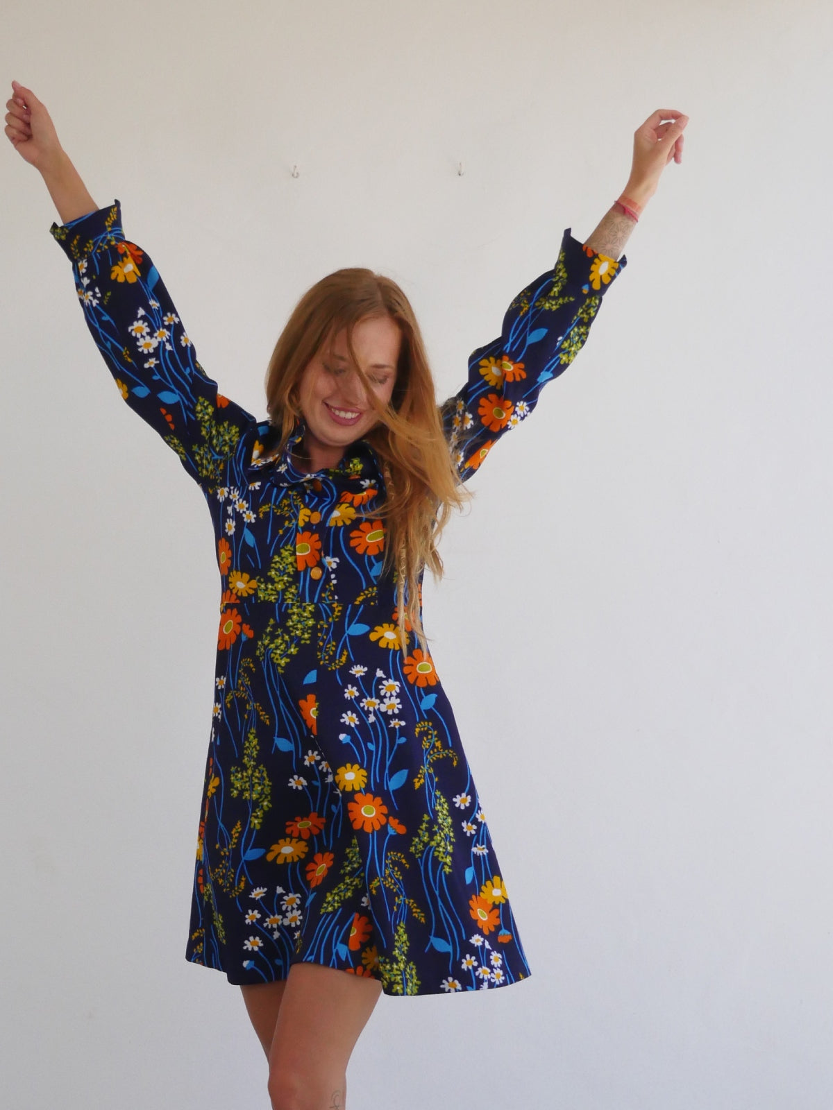 70s Vintage Dark Blue Dress with Bright Flower Print