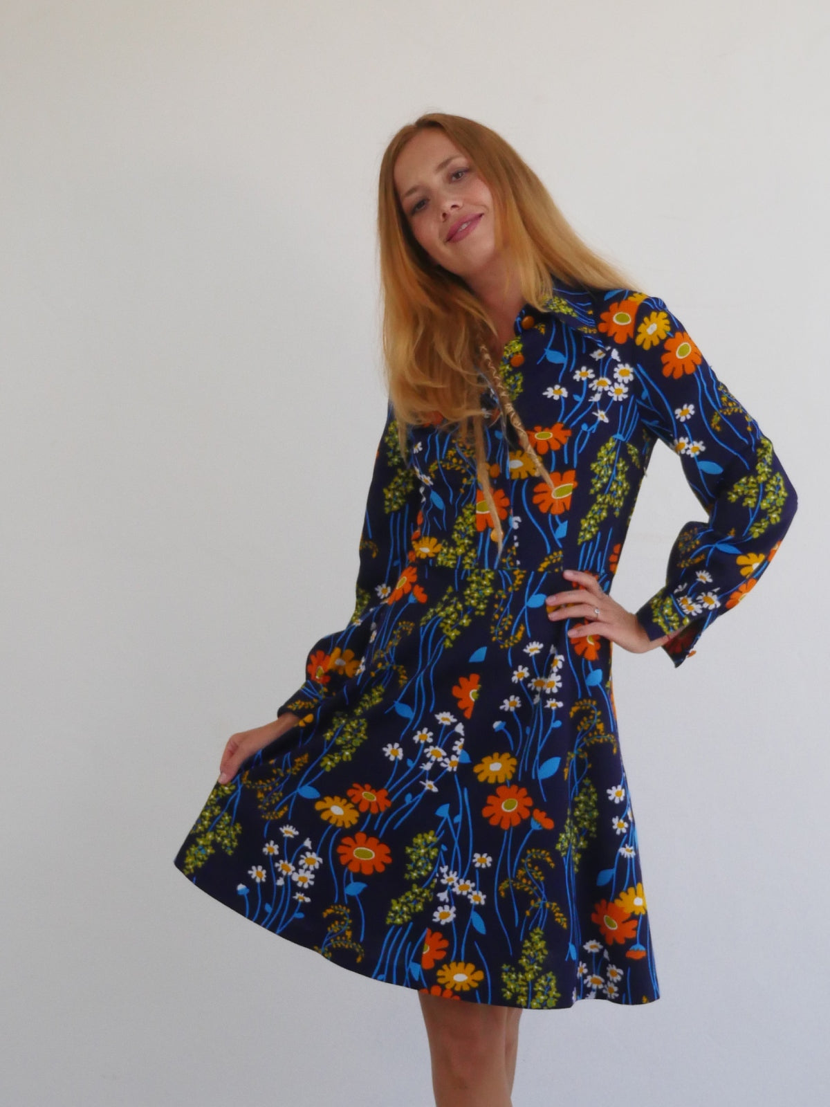 70s Vintage Dark Blue Dress with Bright Flower Print