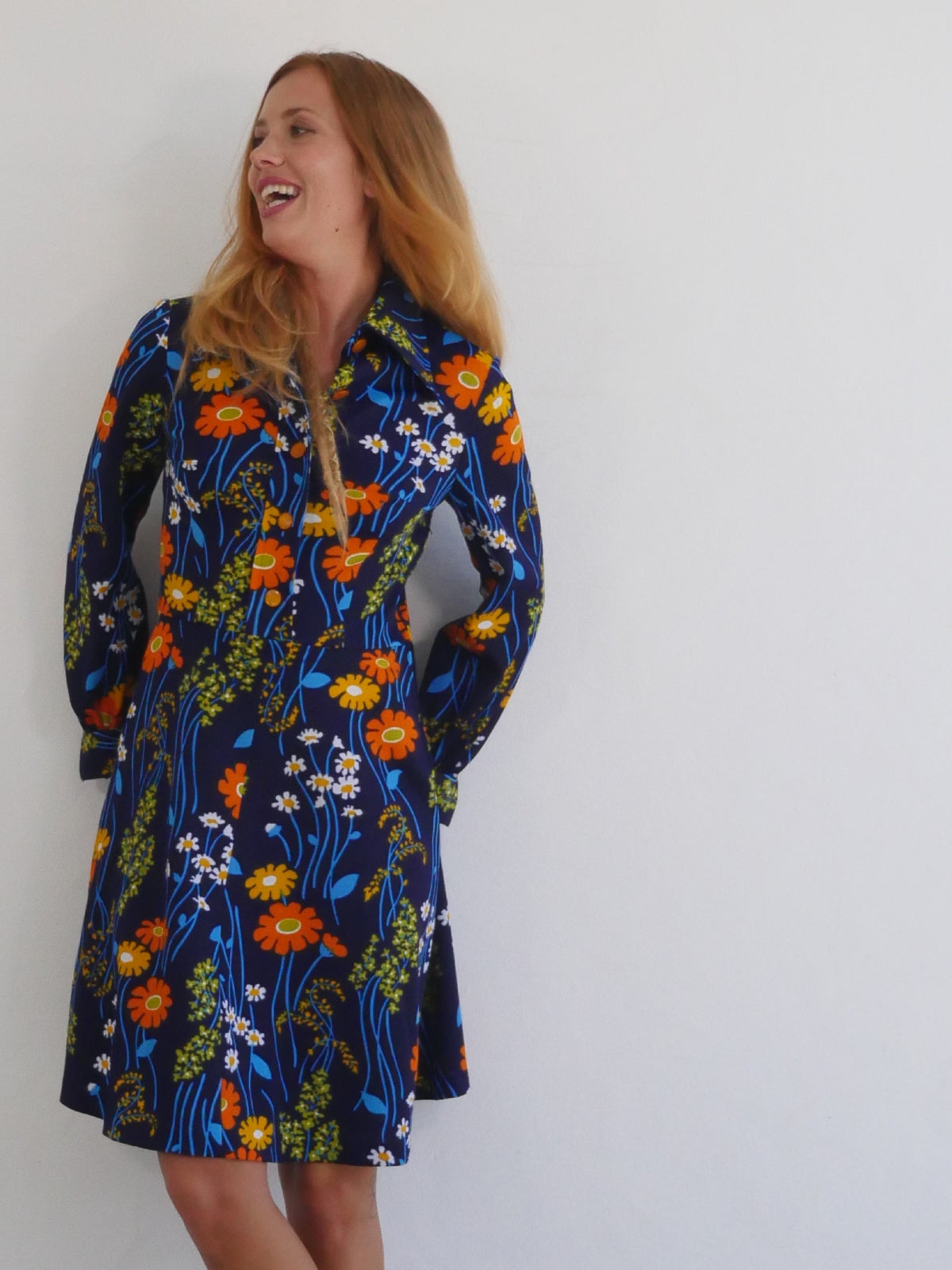 70s Vintage Dark Blue Dress with Bright Flower Print
