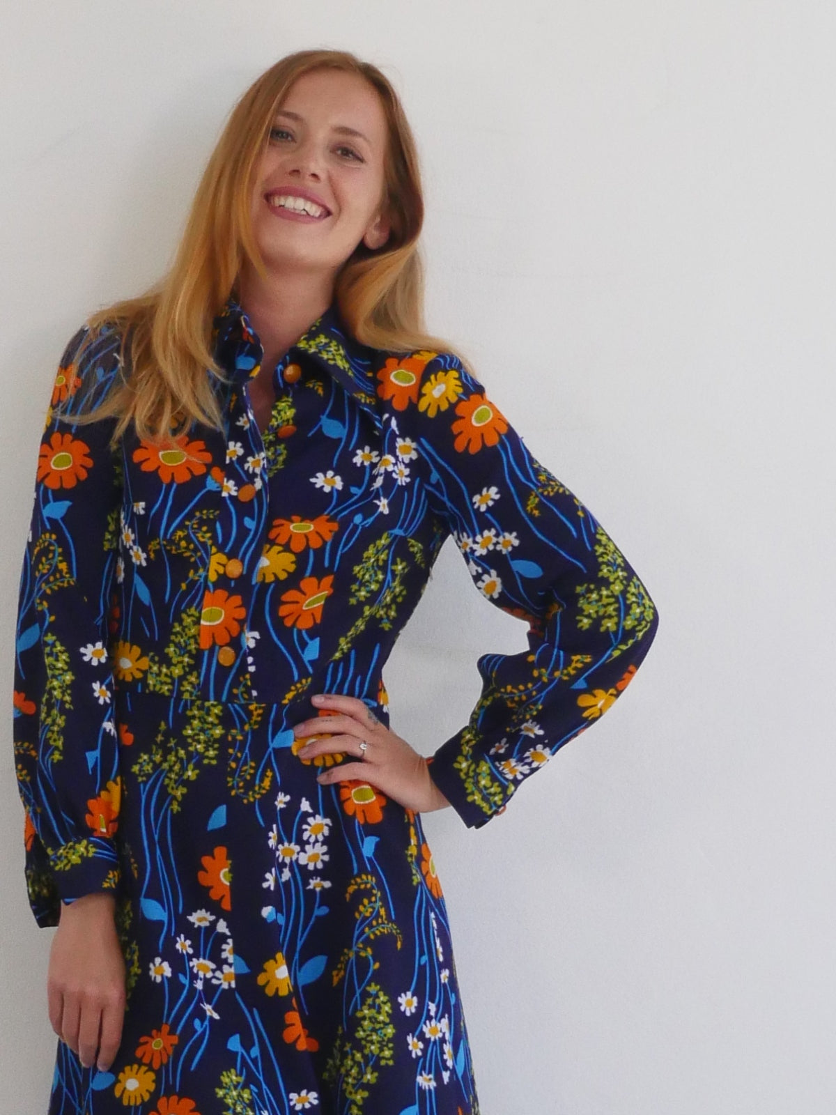 70s Vintage Dark Blue Dress with Bright Flower Print