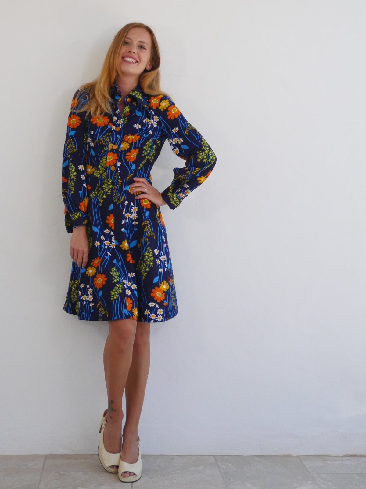 70s Vintage Dark Blue Dress with Bright Flower Print