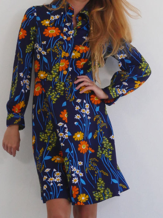 70s Vintage Dark Blue Dress with Bright Flower Print