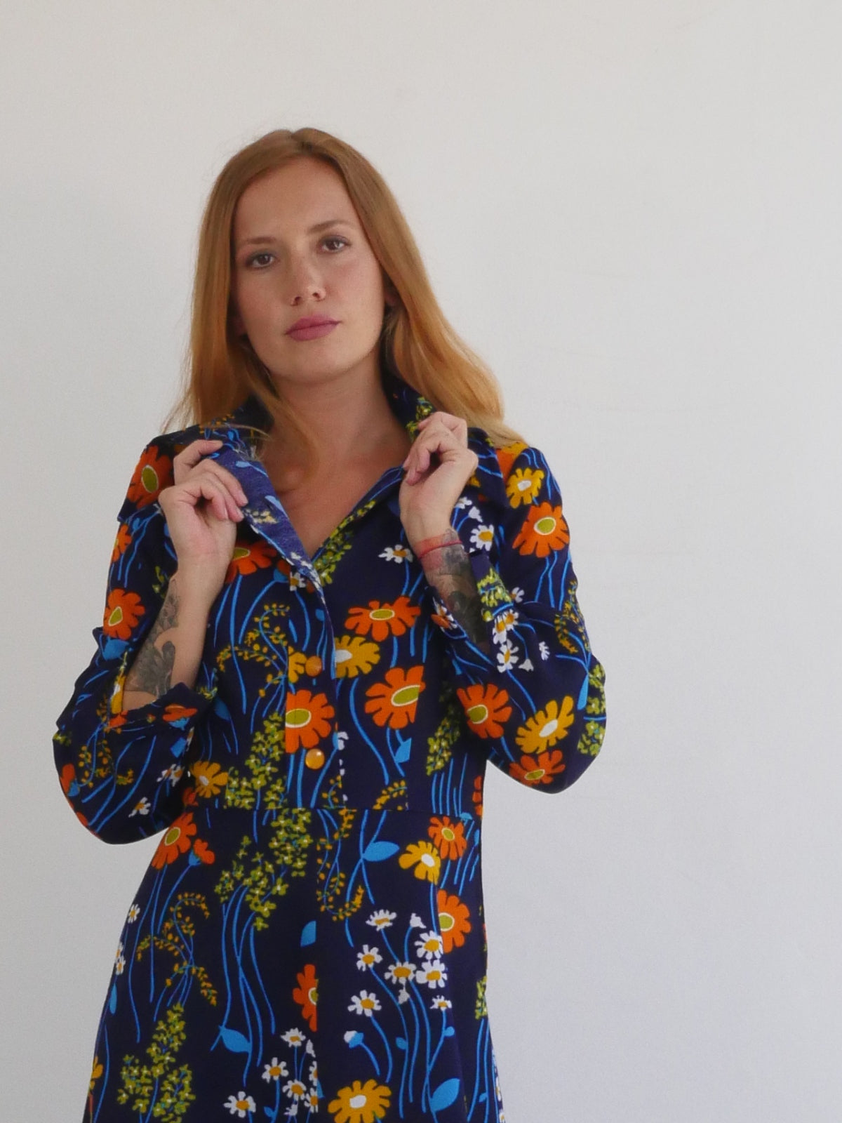 70s Vintage Dark Blue Dress with Bright Flower Print