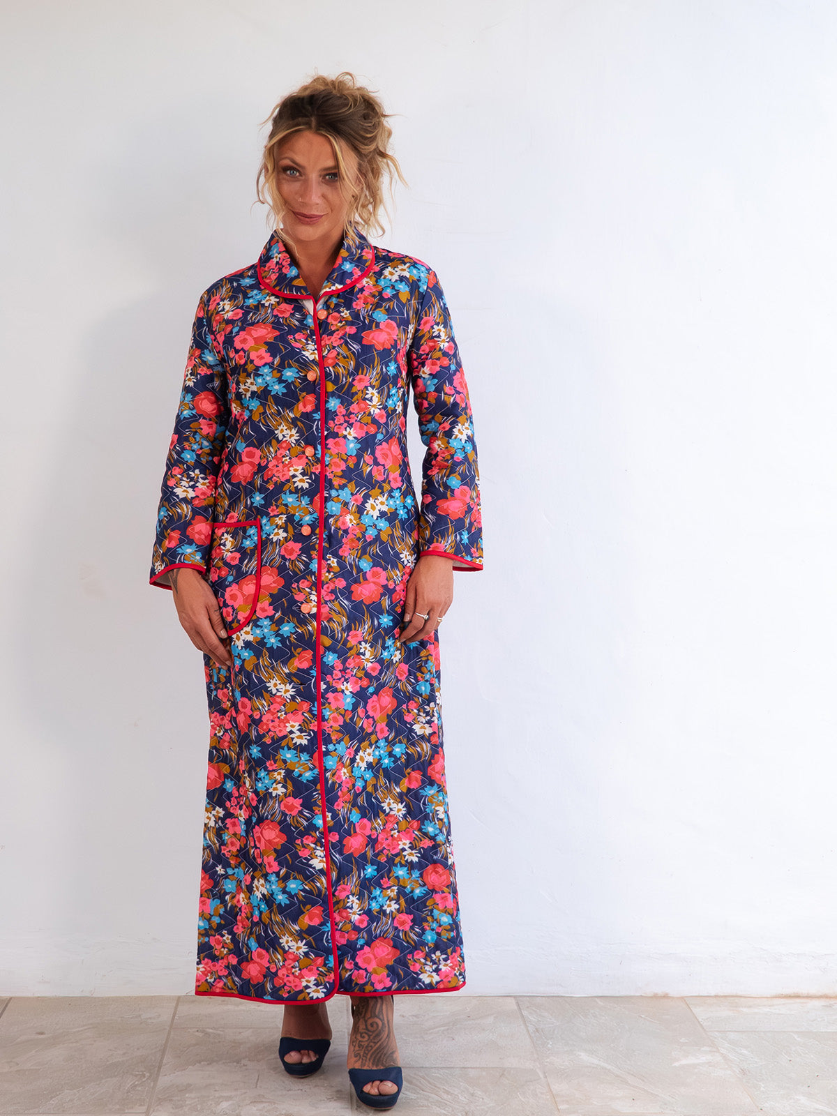 Multicolor Quilted Vintage Home Robe / Coat with Bright Floral Print