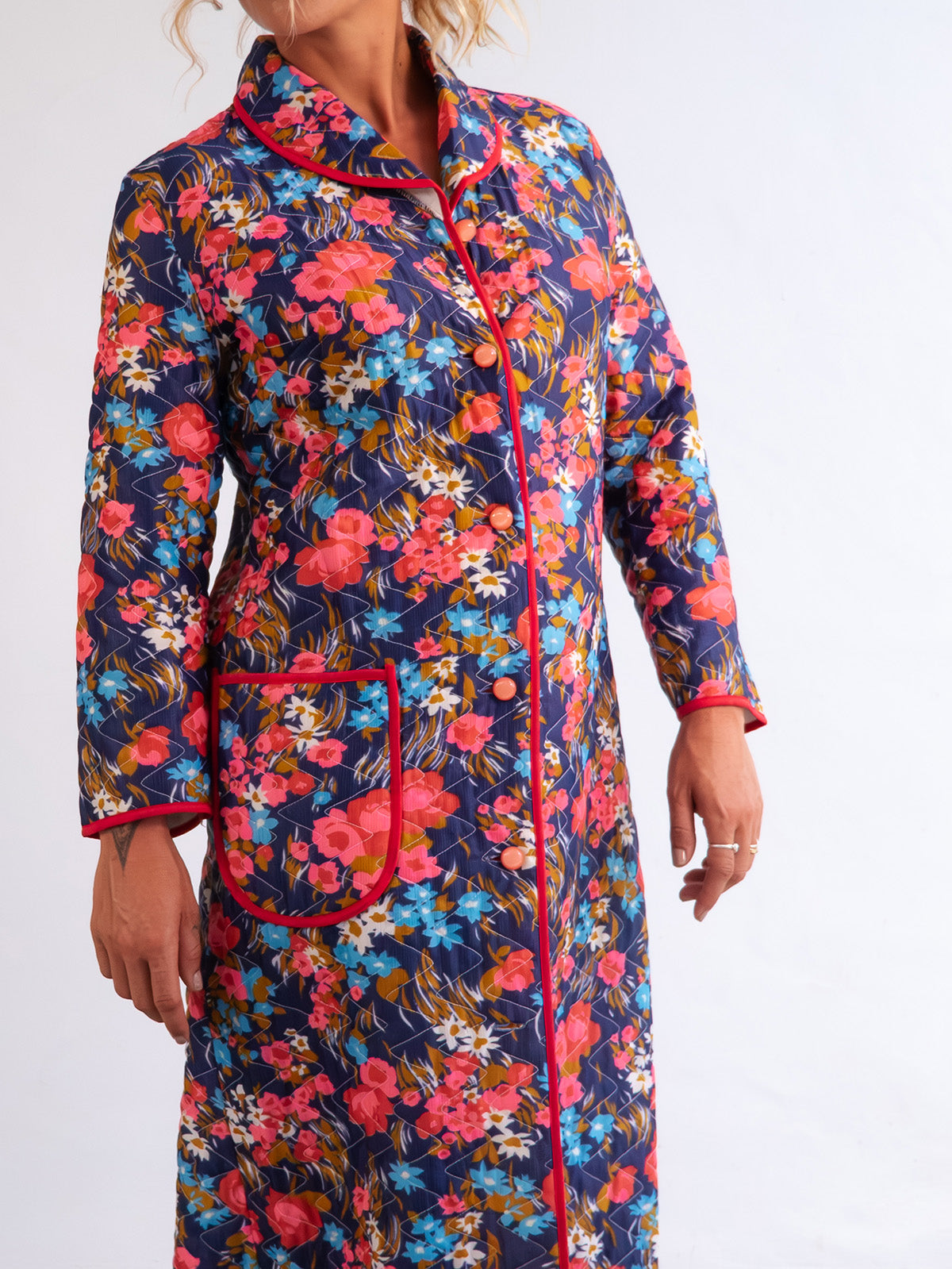 Multicolor Quilted Vintage Home Robe / Coat with Bright Floral Print