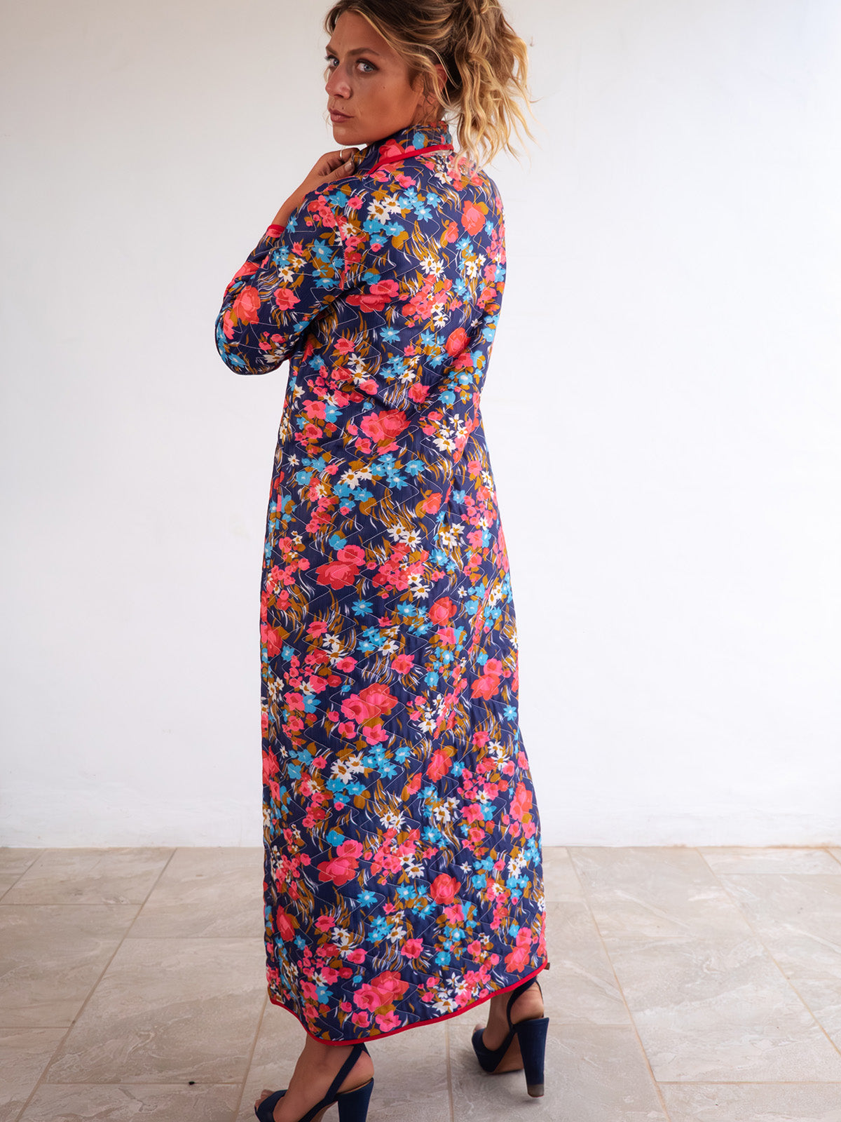 Multicolor Quilted Vintage Home Robe / Coat with Bright Floral Print