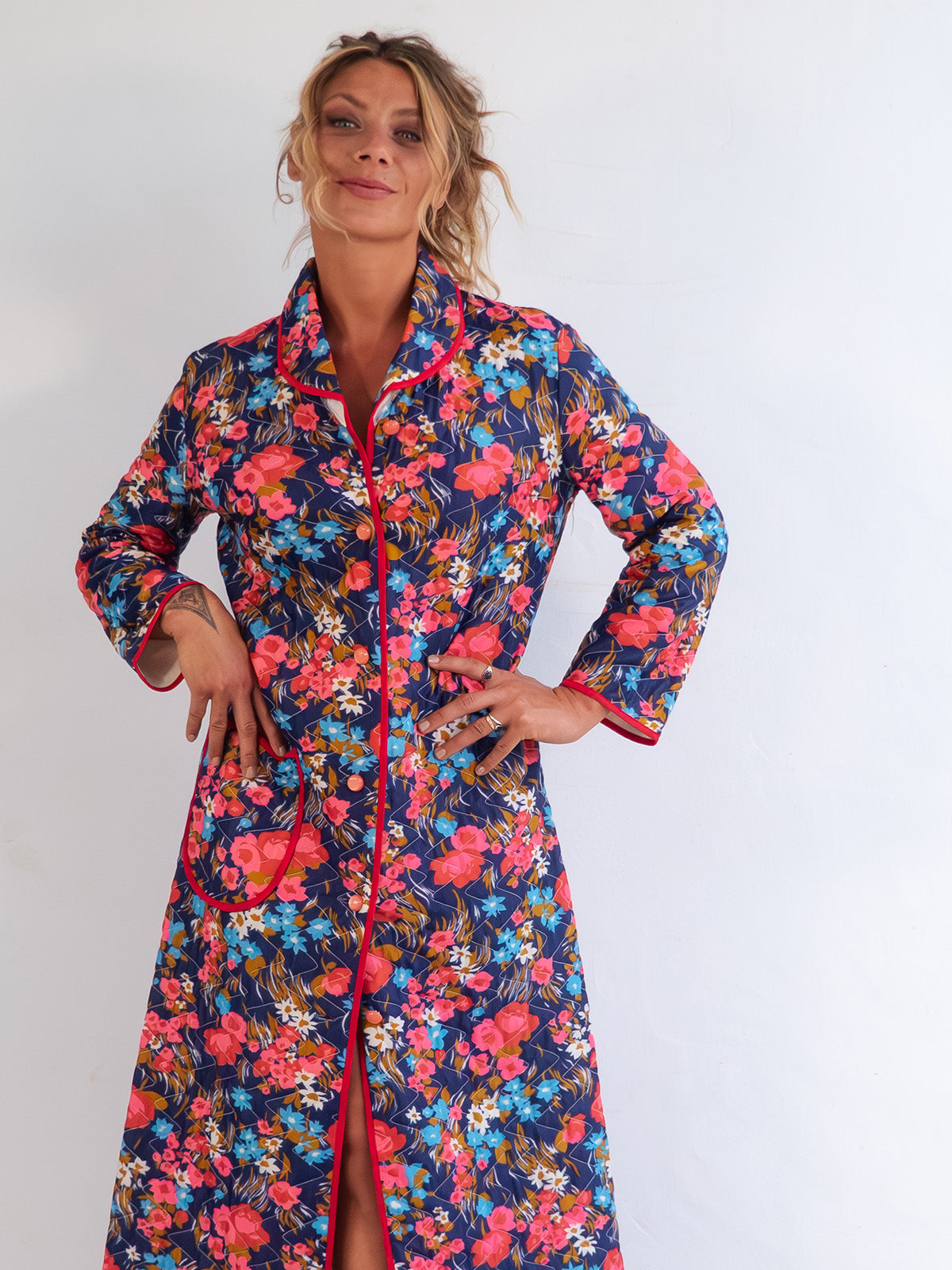 Multicolor Quilted Vintage Home Robe / Coat with Bright Floral Print