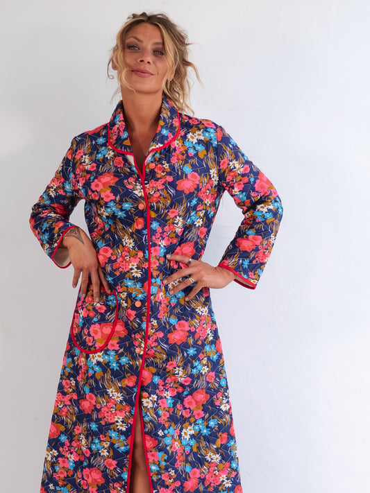 Multicolor Quilted Vintage Home Robe / Coat with Bright Floral Print