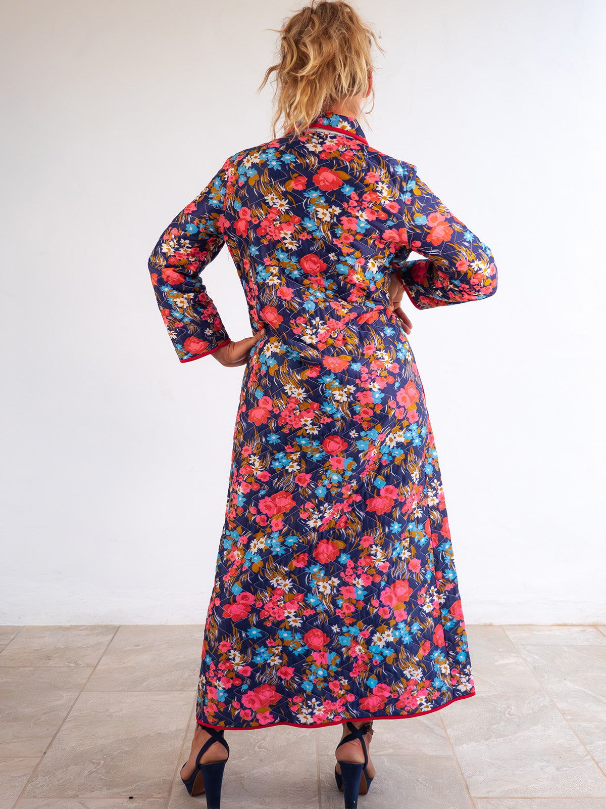 Multicolor Quilted Vintage Home Robe / Coat with Bright Floral Print