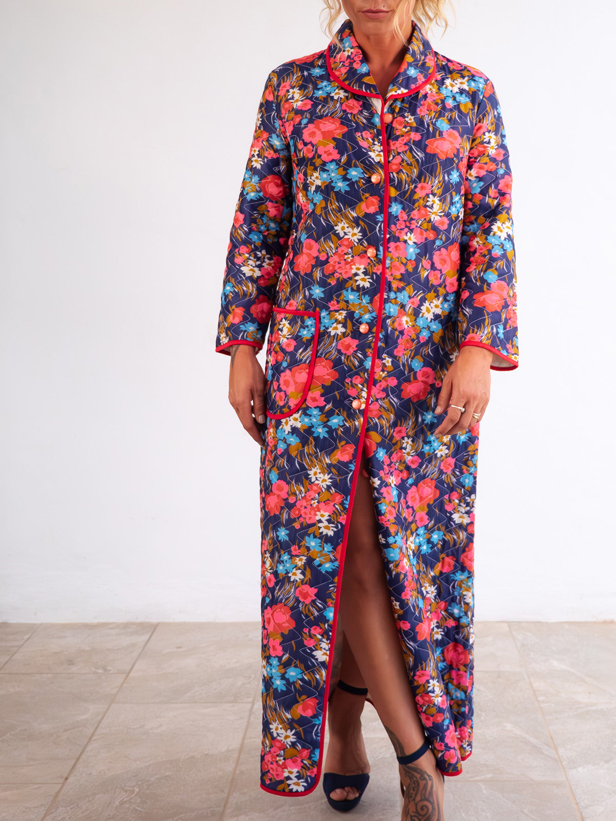 Multicolor Quilted Vintage Home Robe / Coat with Bright Floral Print