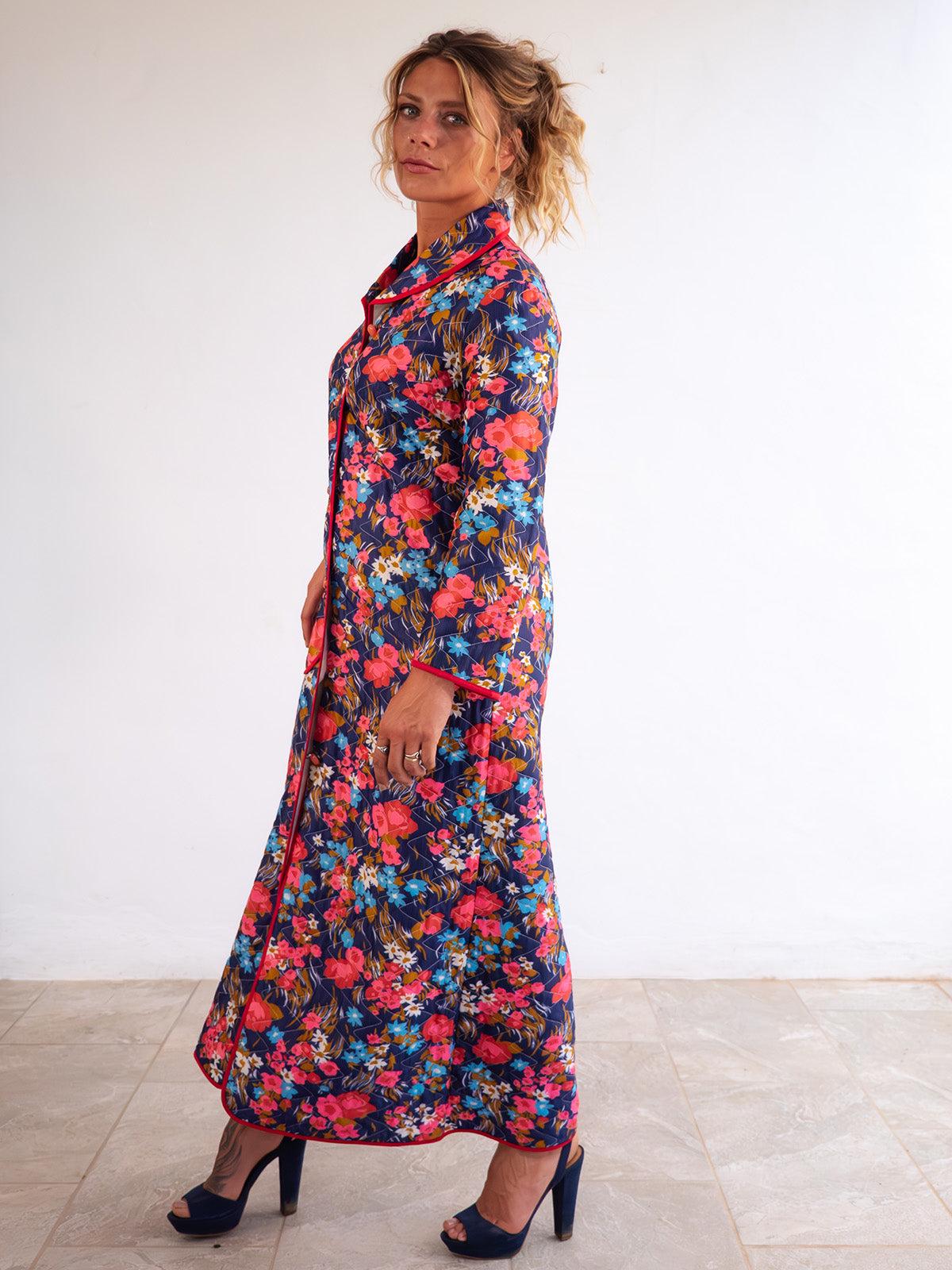 Multicolor Quilted Vintage Home Robe / Coat with Bright Floral Print