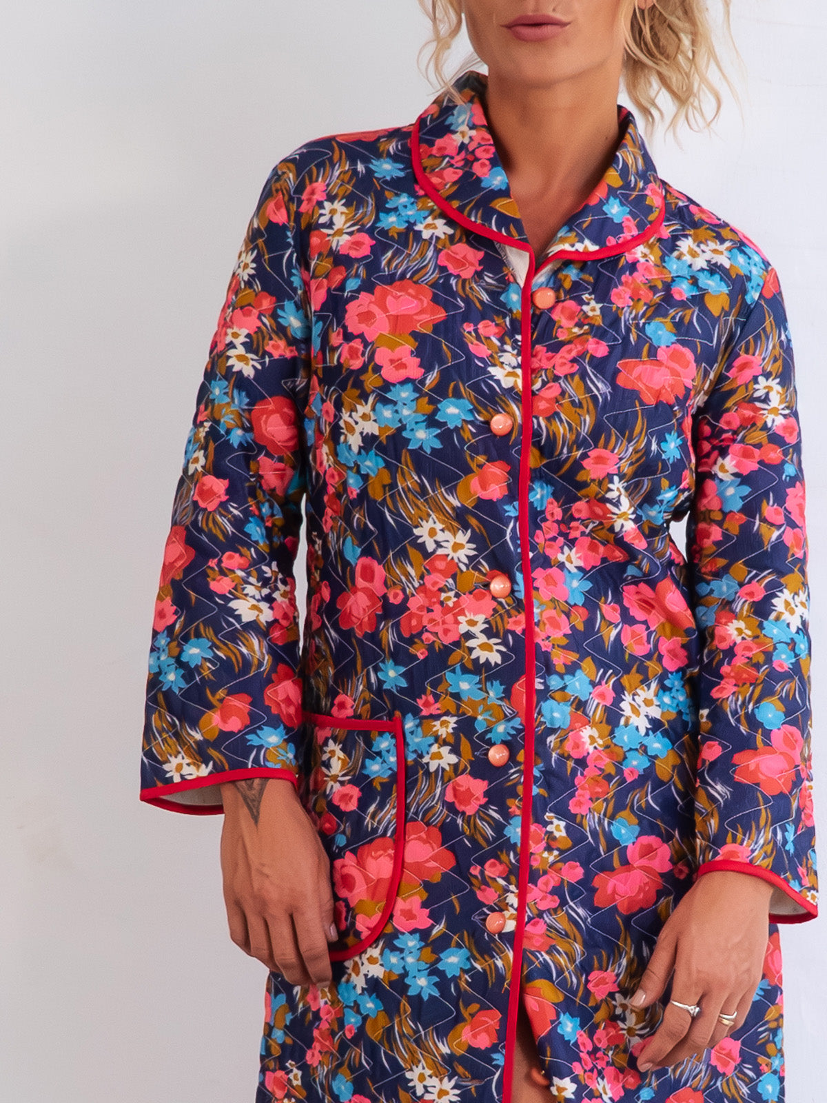 Multicolor Quilted Vintage Home Robe / Coat with Bright Floral Print