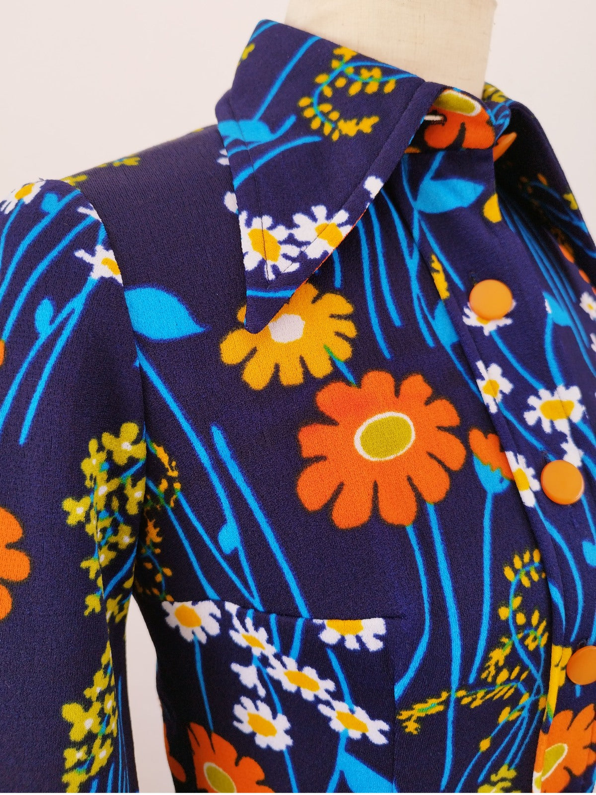 70s Vintage Dark Blue Dress with Bright Flower Print