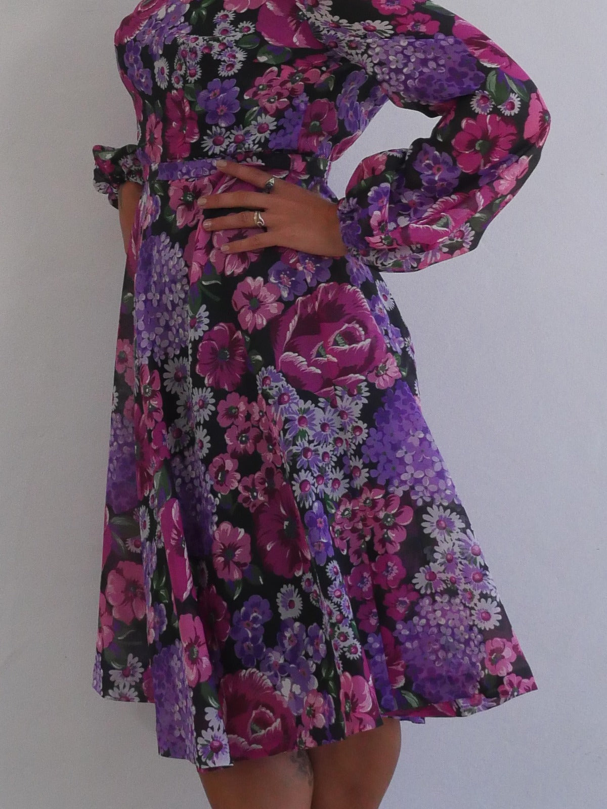 Feminine Midi Dress with A Line Skirt in Purple and Violet Floral Print