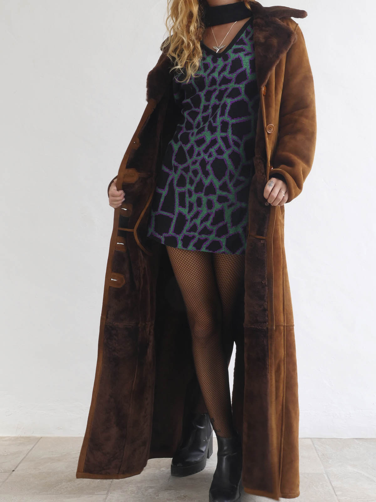 Vintage Long Brown Suede and Faux Fur Coat