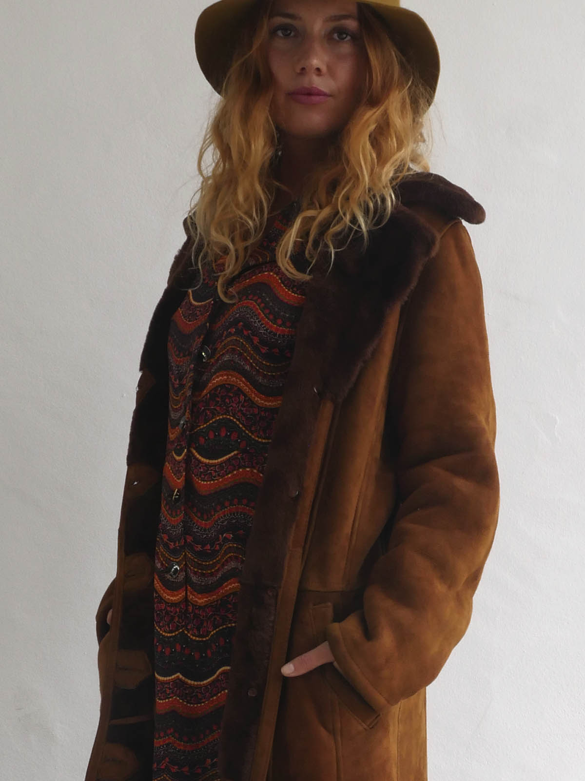 Vintage Long Brown Suede and Faux Fur Coat