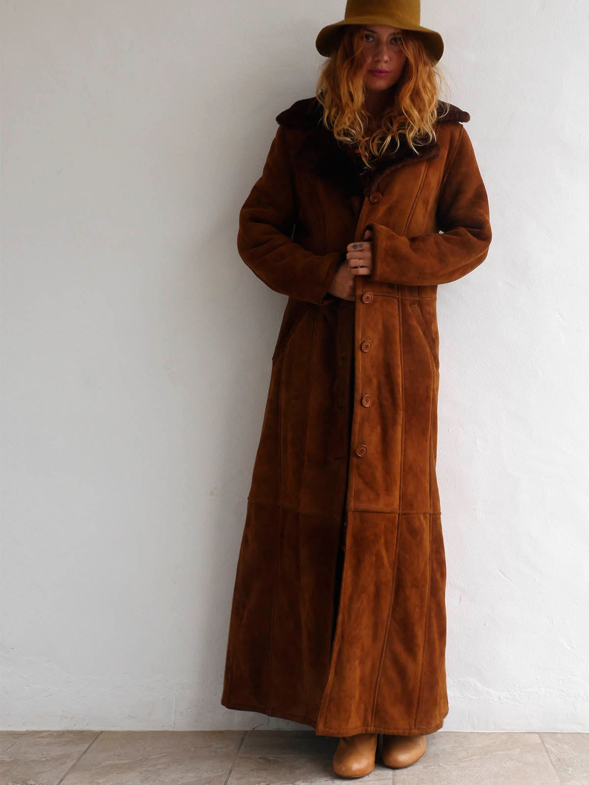 Vintage Long Brown Suede and Faux Fur Coat