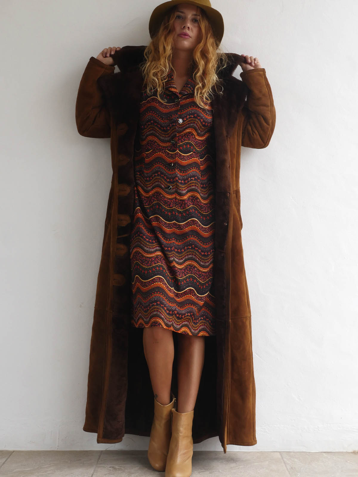 Vintage Long Brown Suede and Faux Fur Coat