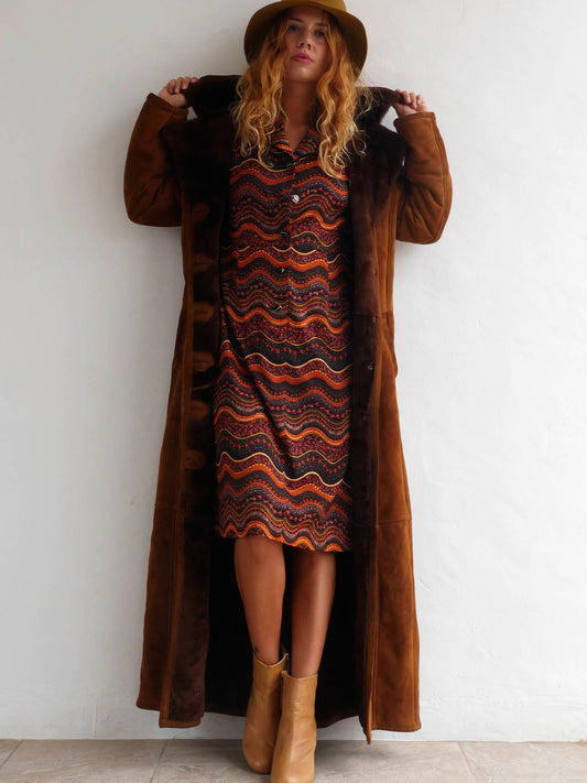 Vintage Long Brown Suede and Faux Fur Coat