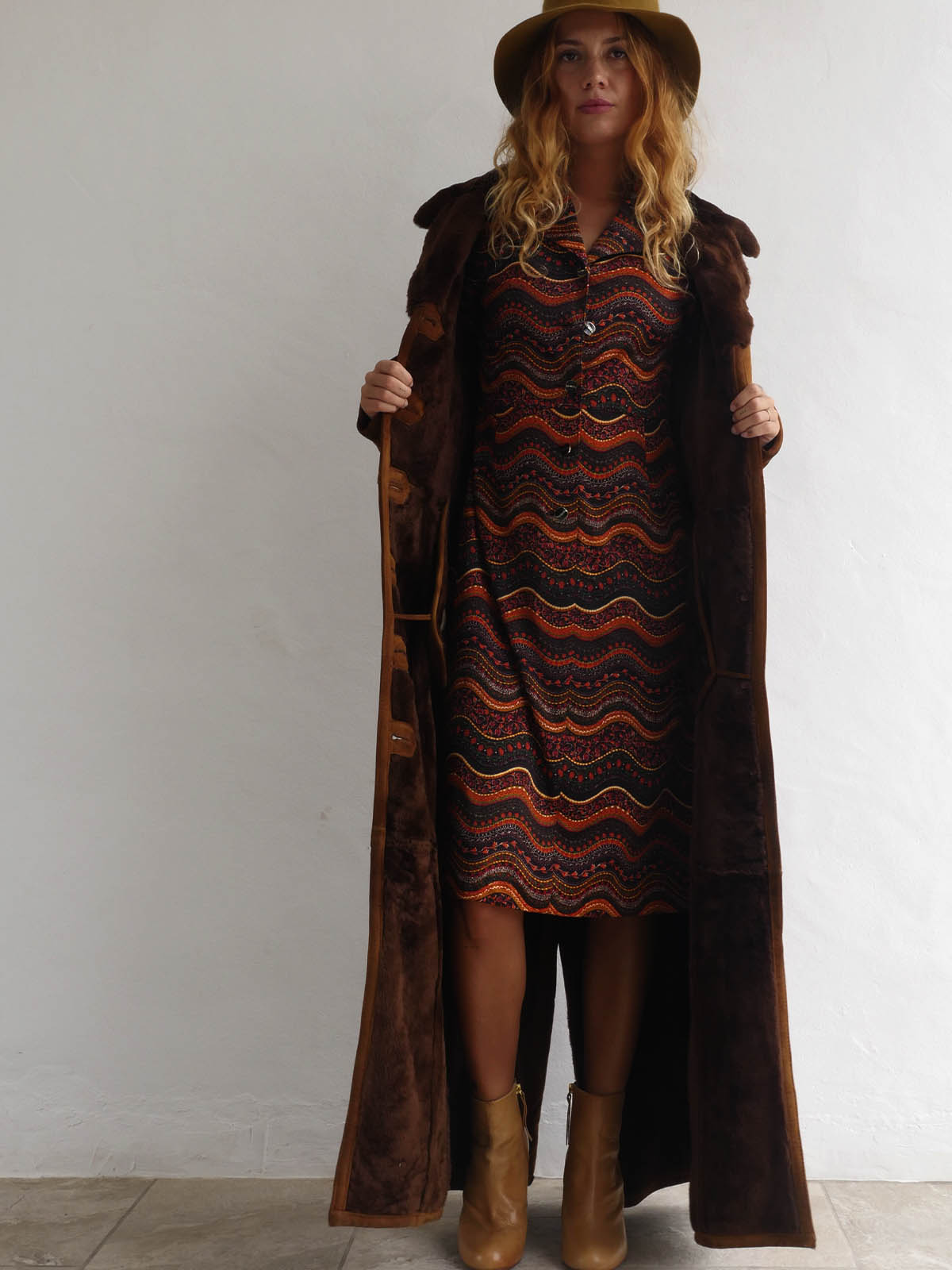 Vintage Long Brown Suede and Faux Fur Coat