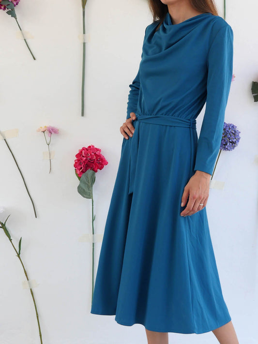 Feminine Blue Dress with Cowl Neckline and Flowy Skirt