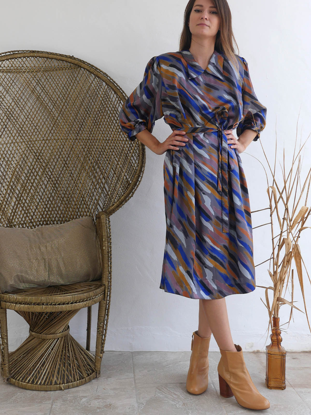 Midi Dress with Abstract Print in Earthy Colors