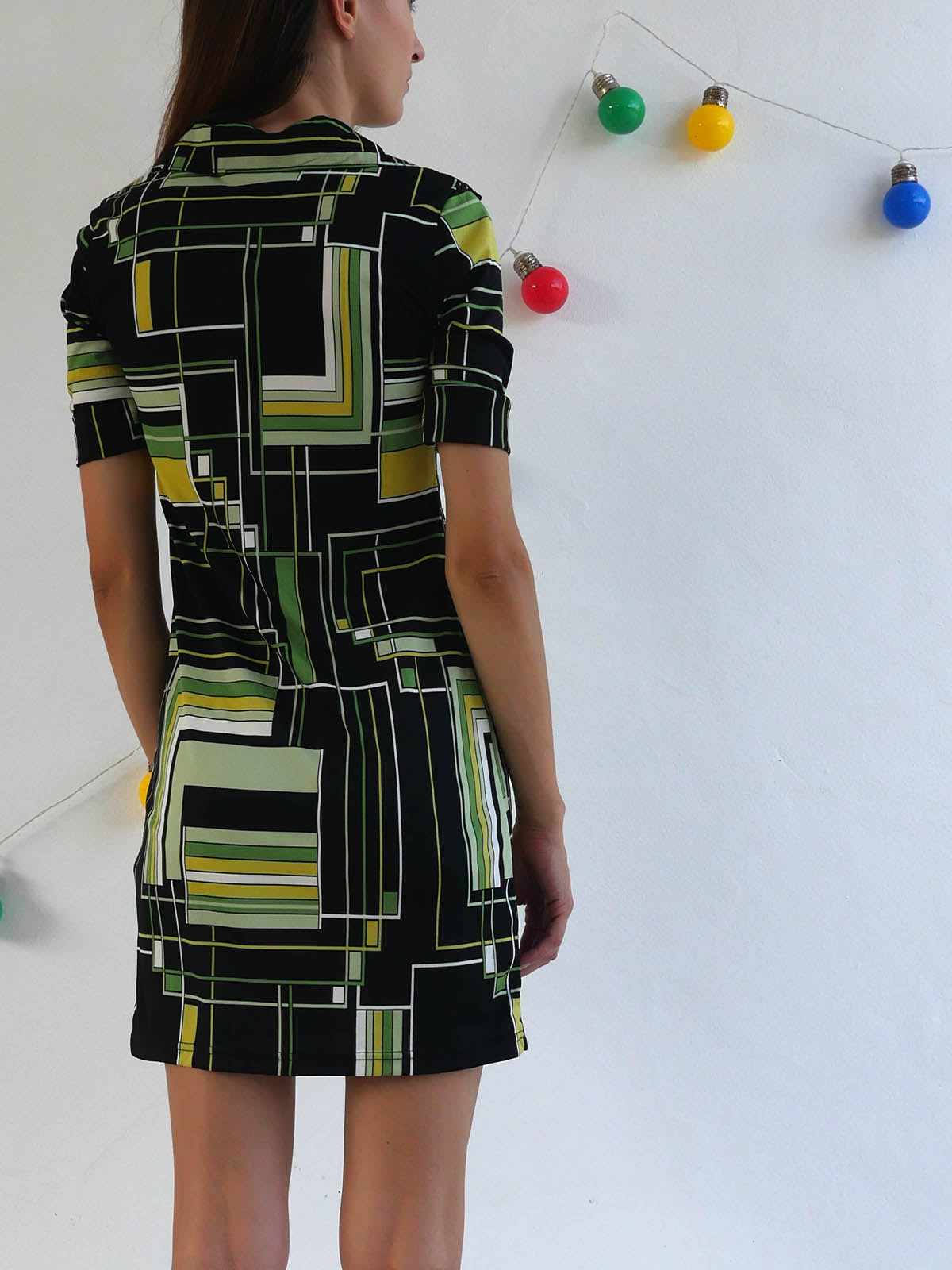 Mini Dress with Black Green and Yellow Geometrical Print
