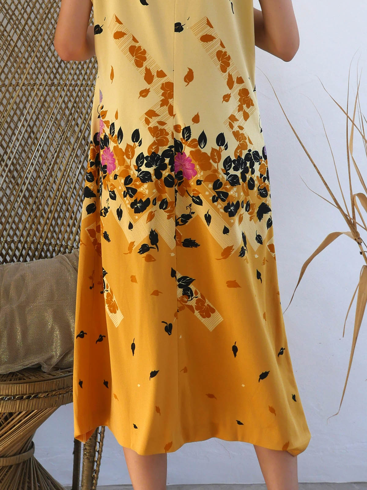 Two Tone Yellow Sleeveless Summer Dress with Midi Skirt