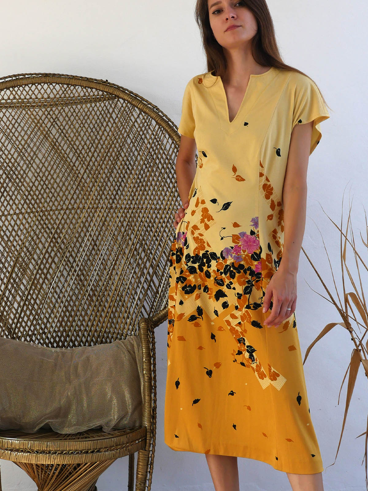 Two Tone Yellow Sleeveless Summer Dress with Midi Skirt