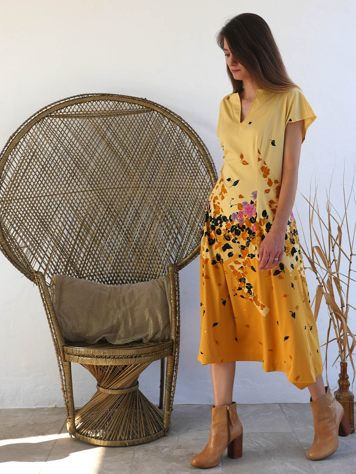 Two Tone Yellow Sleeveless Summer Dress with Midi Skirt