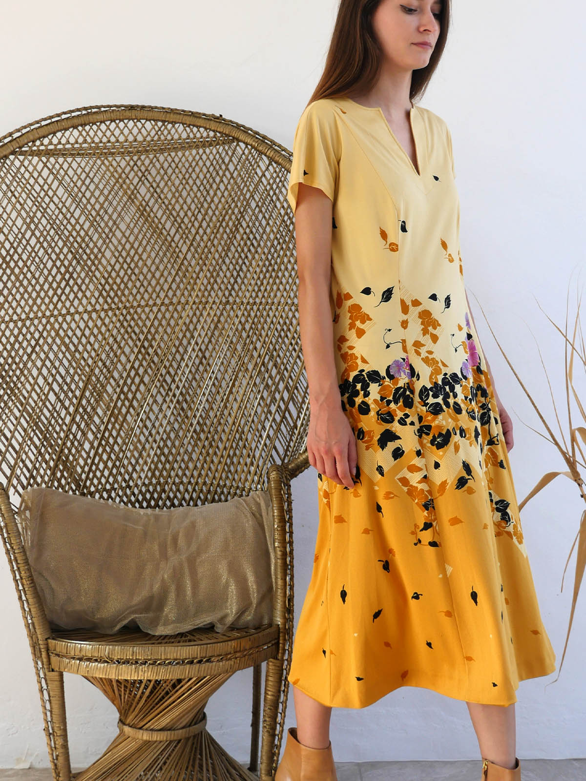 Two Tone Yellow Sleeveless Summer Dress with Midi Skirt