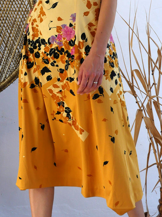 Two Tone Yellow Sleeveless Summer Dress with Midi Skirt