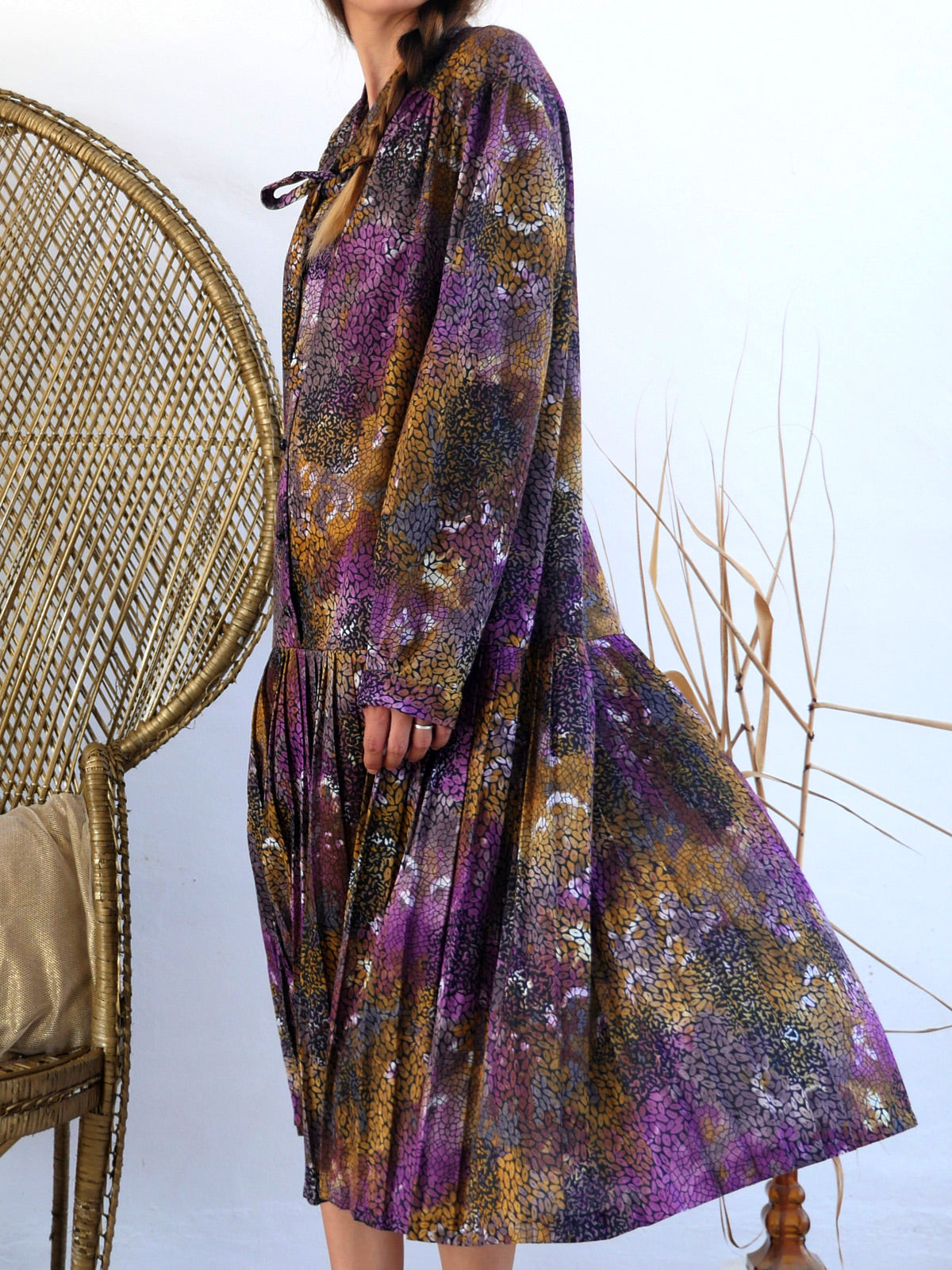 PURPLE AND MUSTARD DROPPED WAIST DRESS Damned Paradise PURPLE AND MUSTARD DROPPED WAIST DRESS Damned Paradise