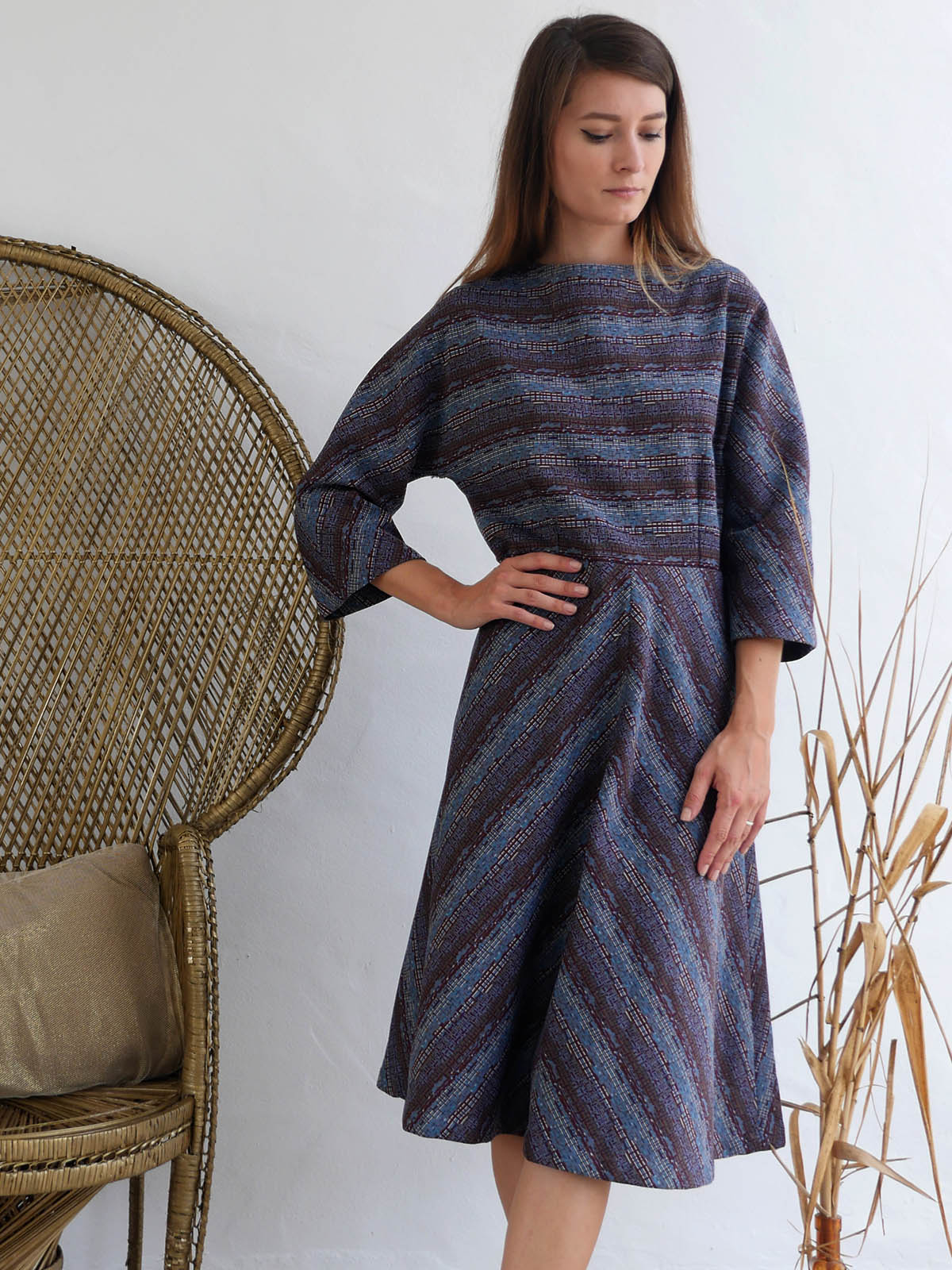 Midi Dress with Dolman Sleeves and A-line Skirt in Blue and Maroon