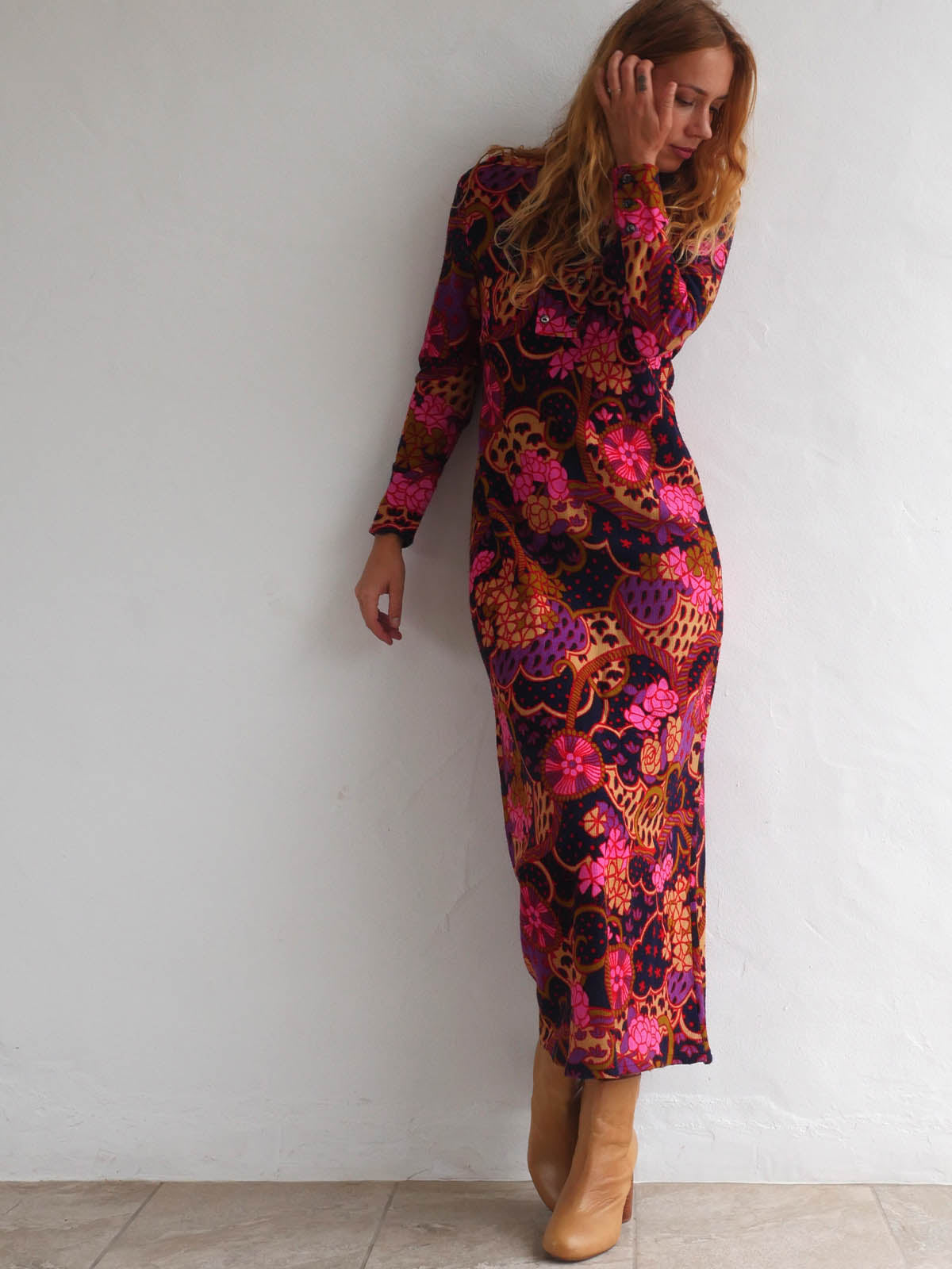 60s Vintage Flower Print Maxi Dress with Long Sleeves