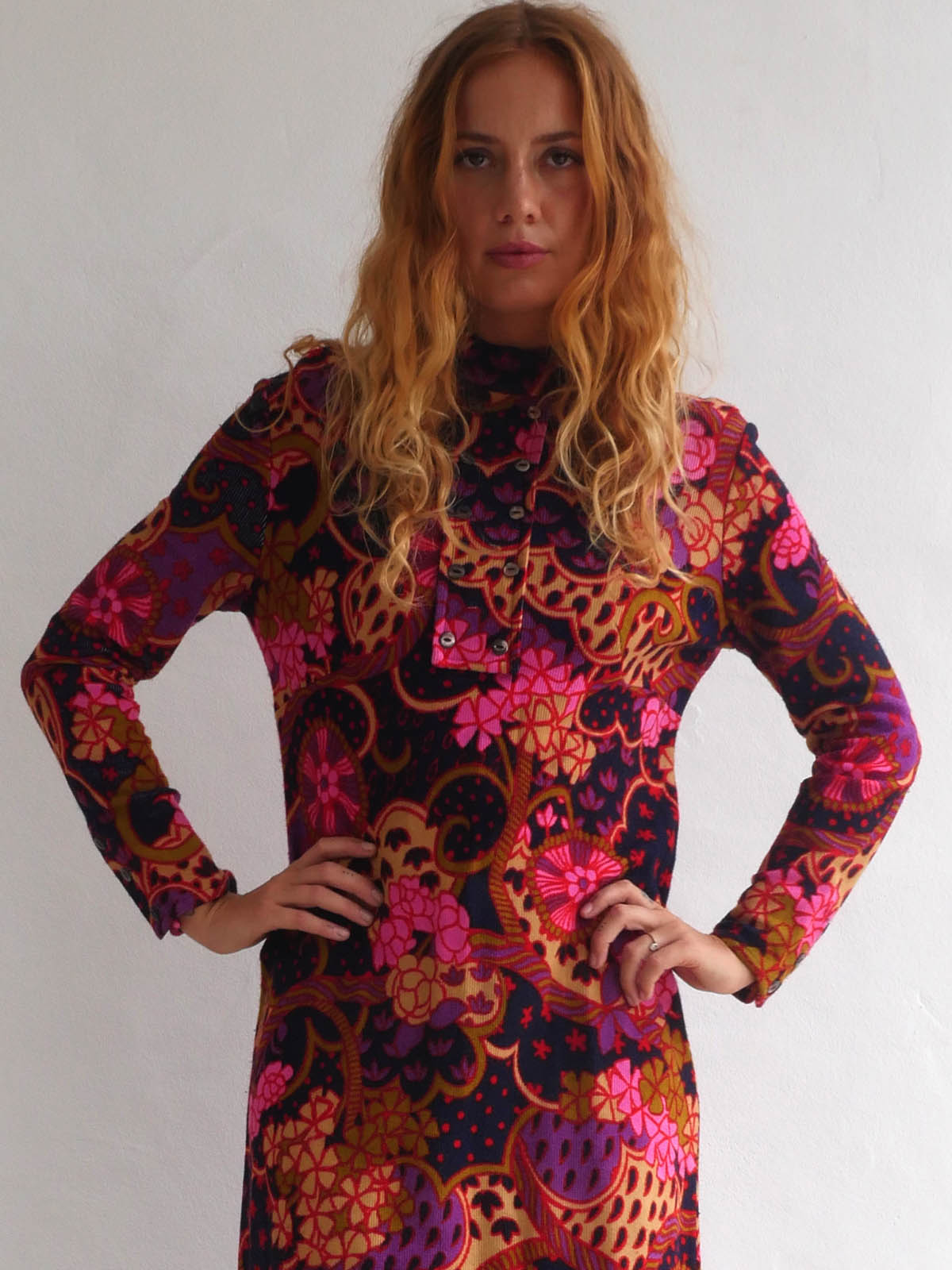 60s Vintage Flower Print Maxi Dress with Long Sleeves