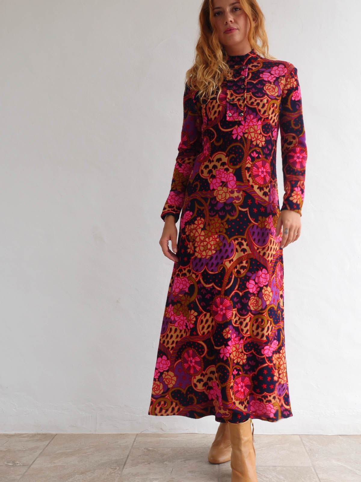 60s Vintage Flower Print Maxi Dress with Long Sleeves