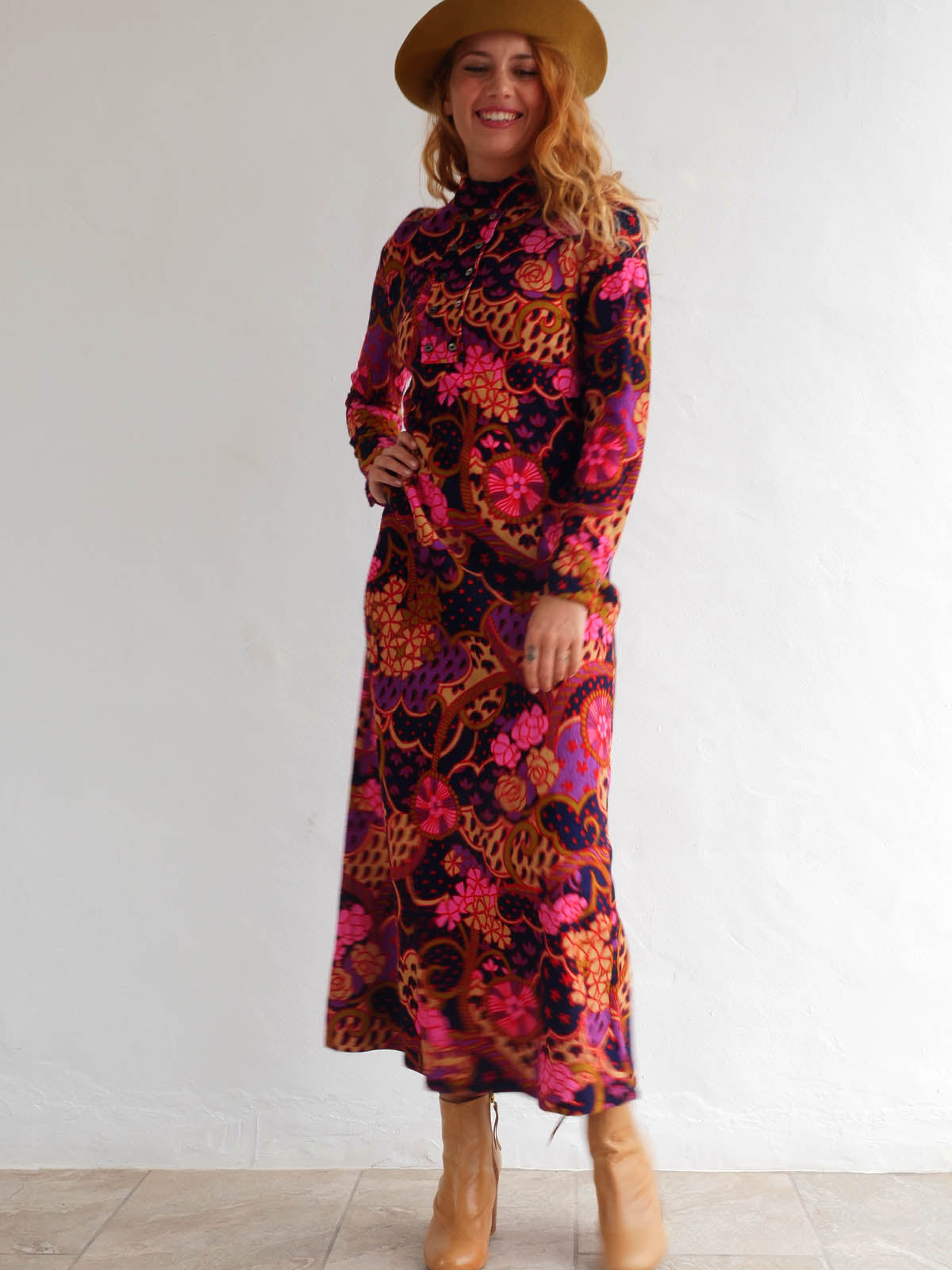 60s Vintage Flower Print Maxi Dress with Long Sleeves