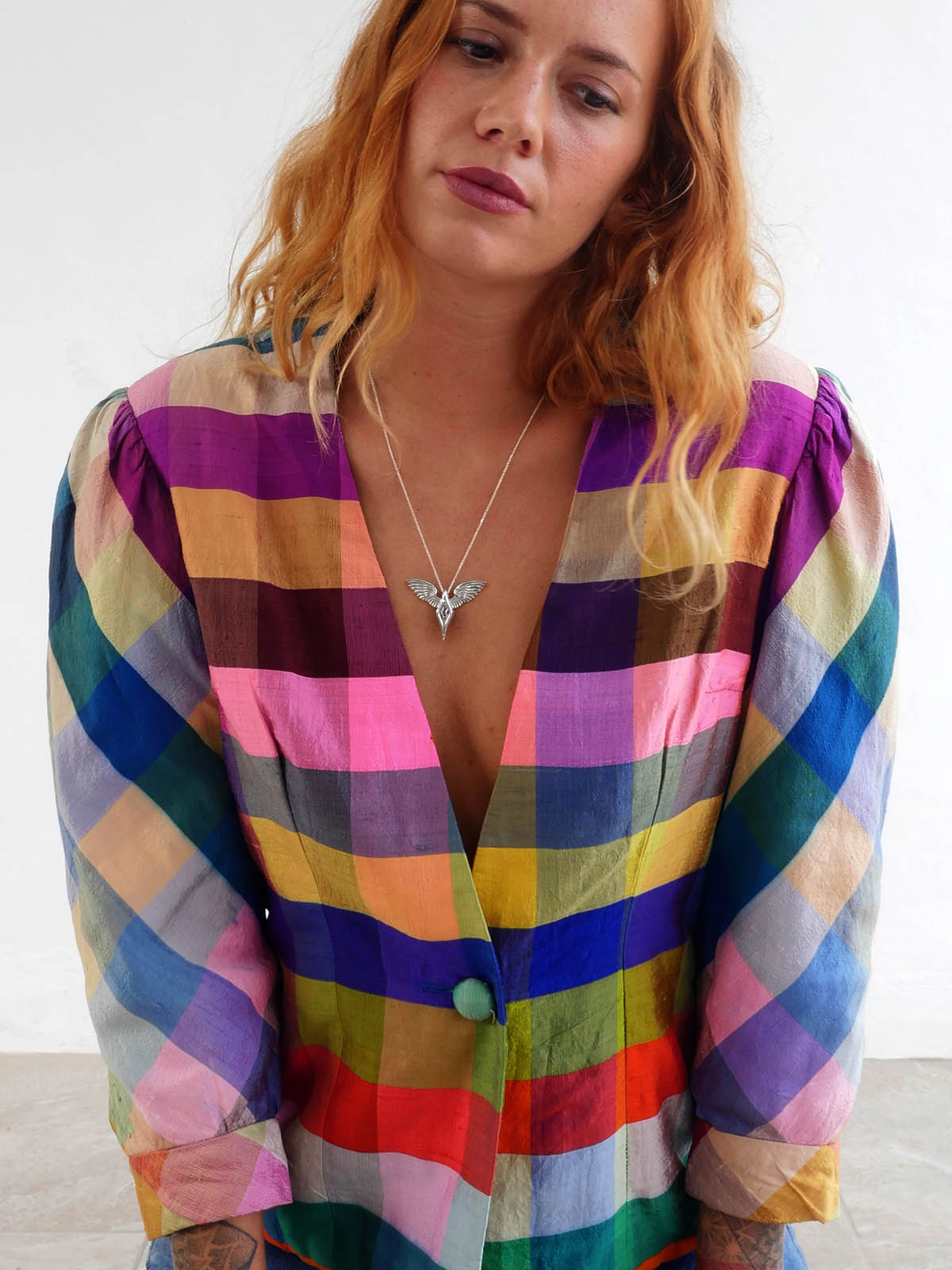 Vintage Silk Multicolor Checkered Jacket