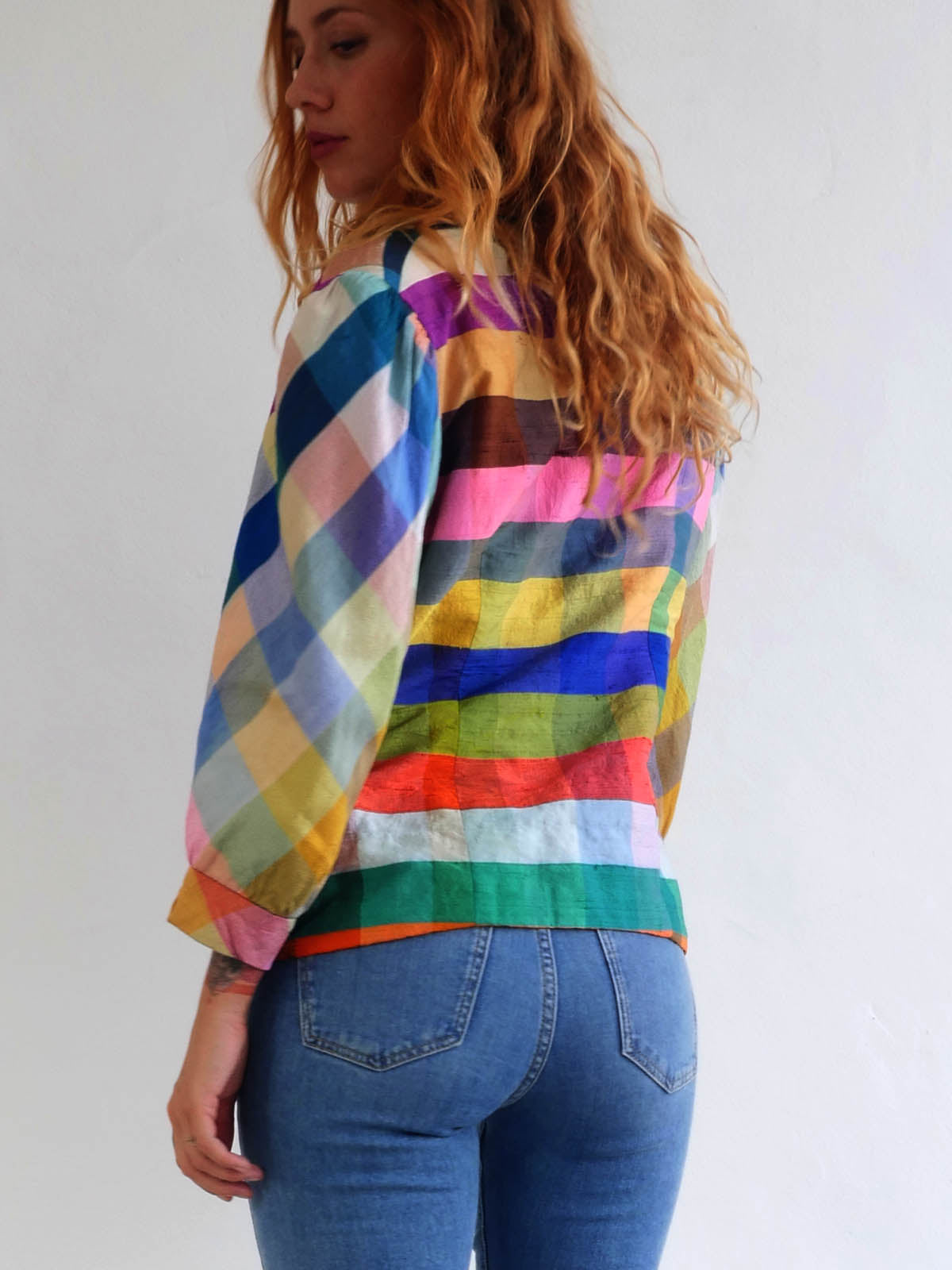 Vintage Silk Multicolor Checkered Jacket