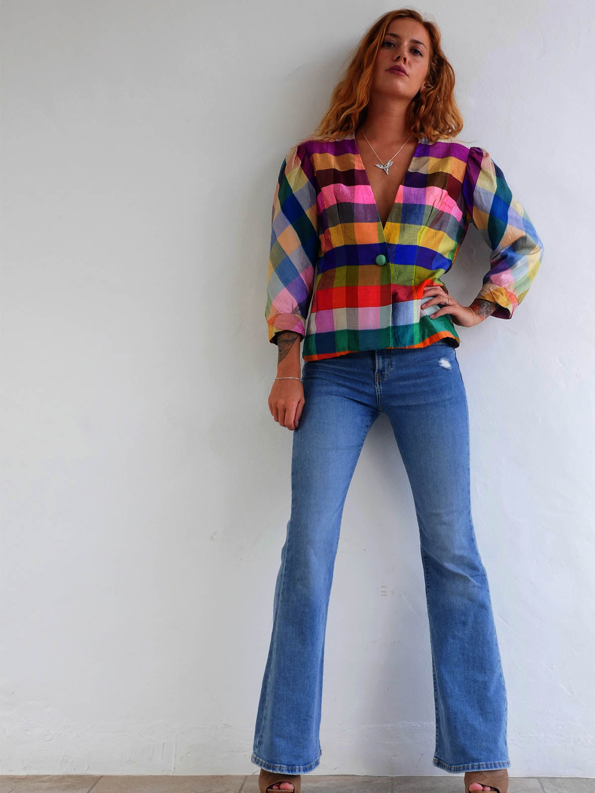 Vintage Silk Multicolor Checkered Jacket