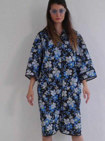 Vintage Quilted Home Robe Coat with Cool Floral Print