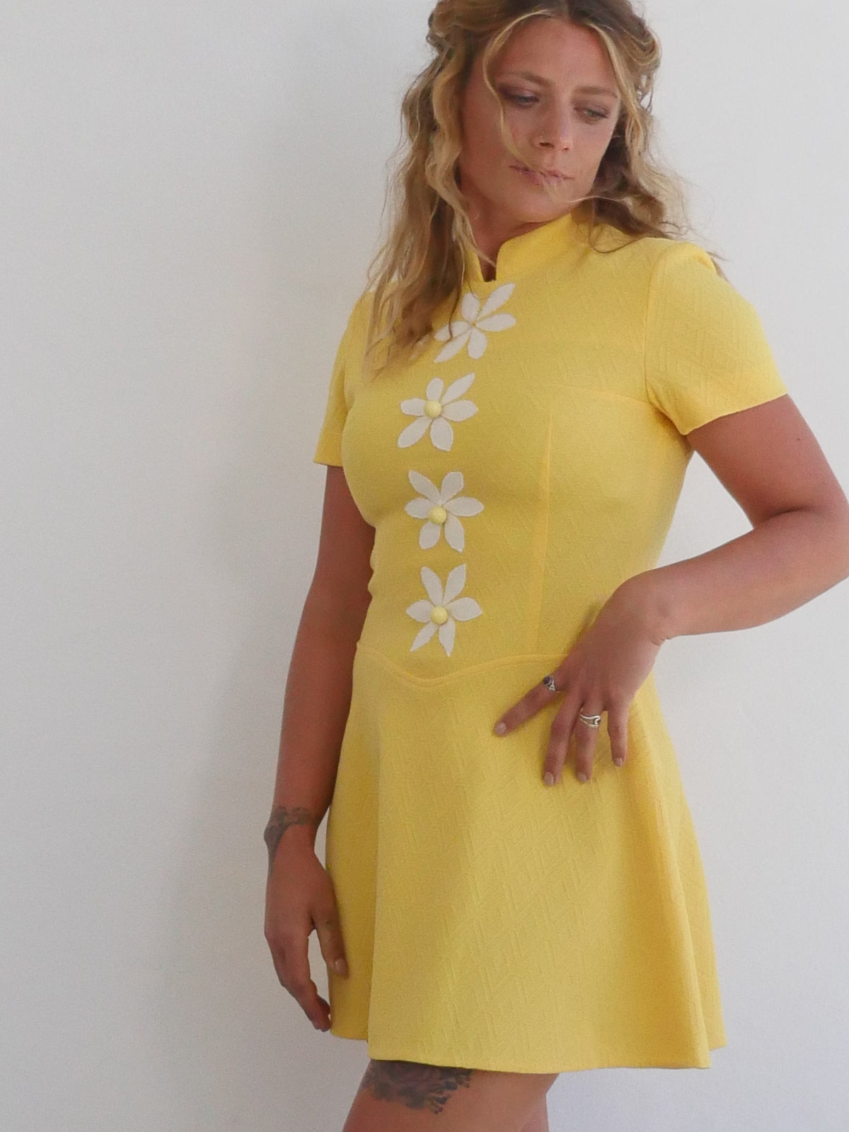 Bright Yellow Mini Vintage Dress with White Flowers and Decorative Buttons