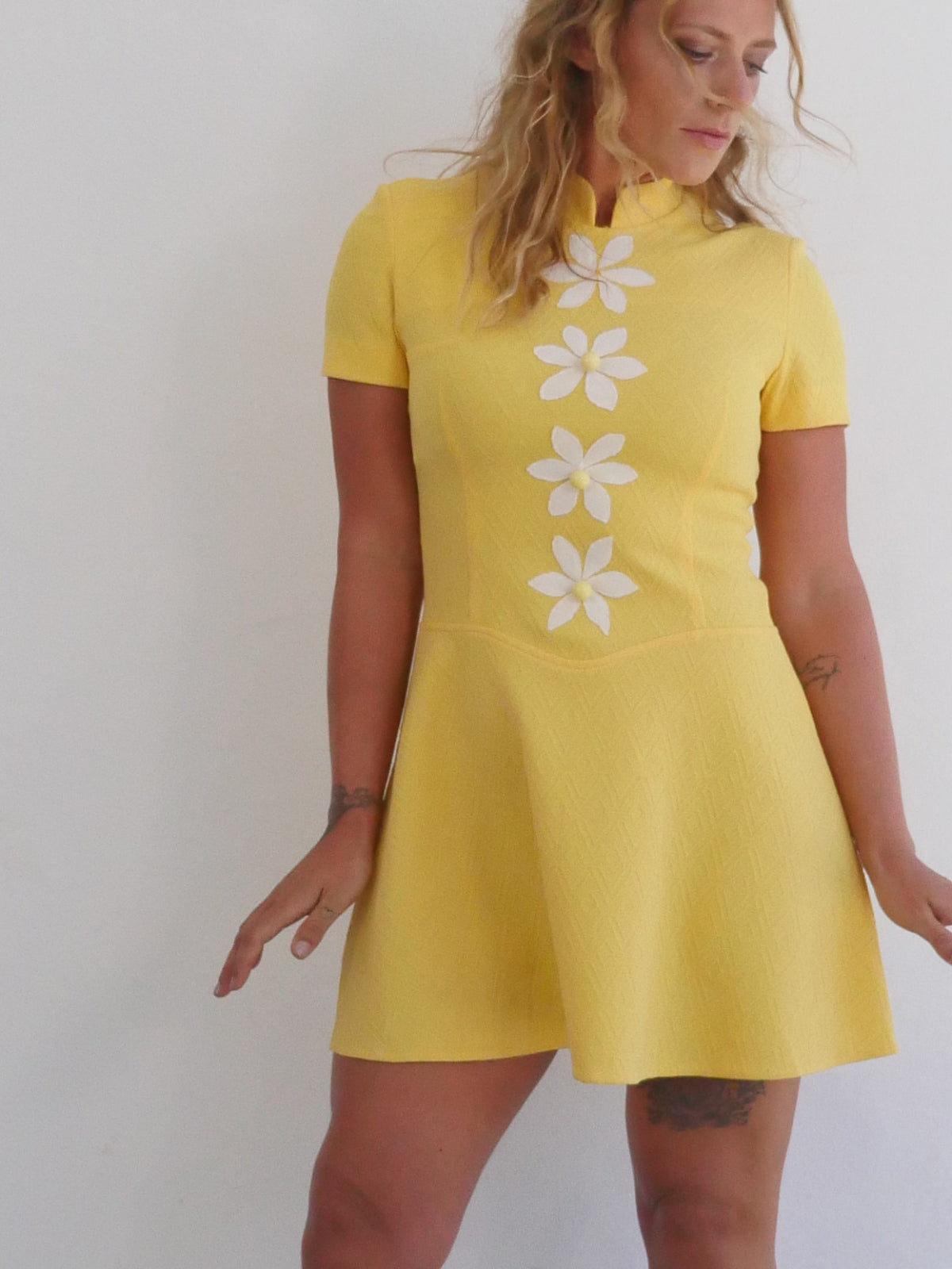 Bright Yellow Mini Vintage Dress with White Flowers and Decorative Buttons