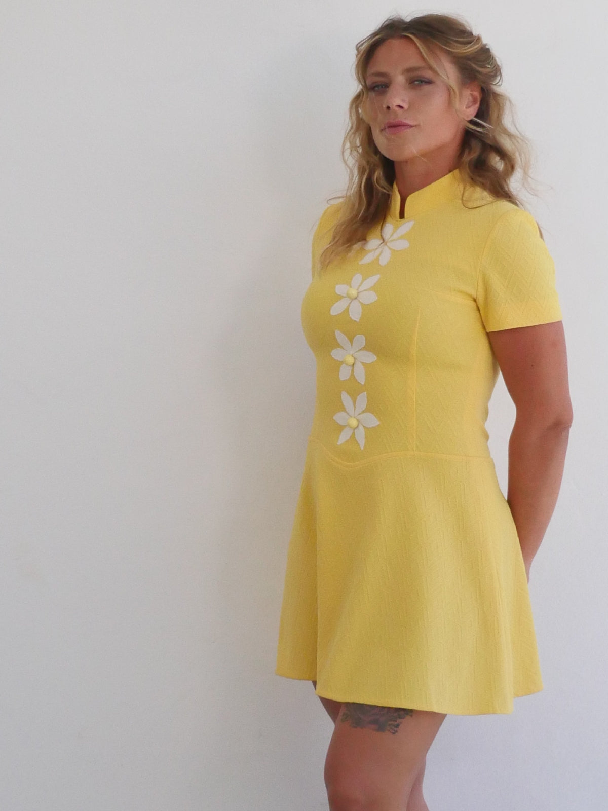 Bright Yellow Mini Vintage Dress with White Flowers and Decorative Buttons