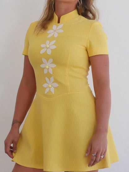 Bright Yellow Mini Vintage Dress with White Flowers and Decorative Buttons