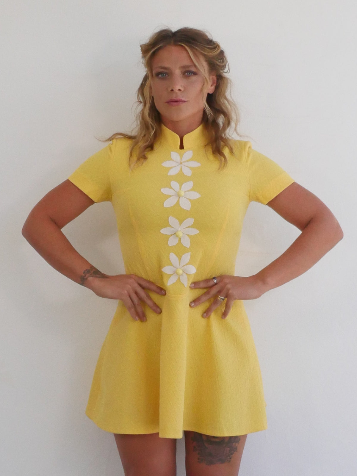 Bright Yellow Mini Vintage Dress with White Flowers and Decorative Buttons