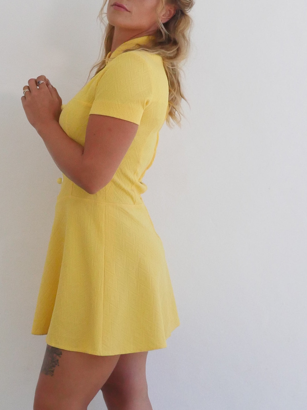 Bright Yellow Mini Vintage Dress with White Flowers and Decorative Buttons