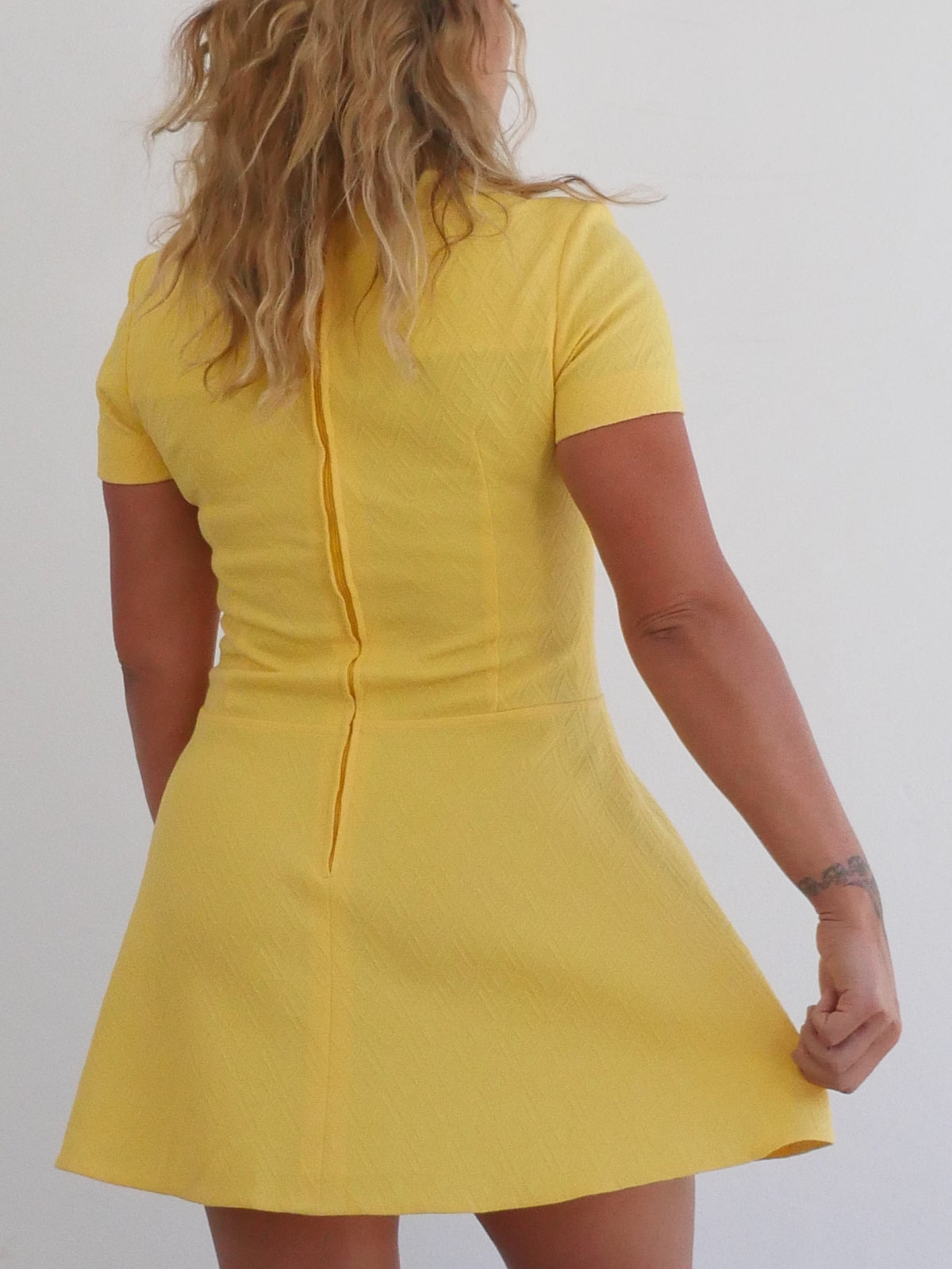 Bright Yellow Mini Vintage Dress with White Flowers and Decorative Buttons